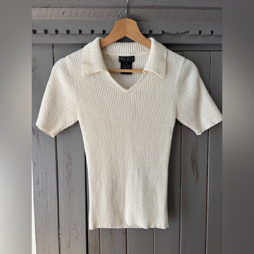 1990s Ribbed Knit Collared Top in Cream